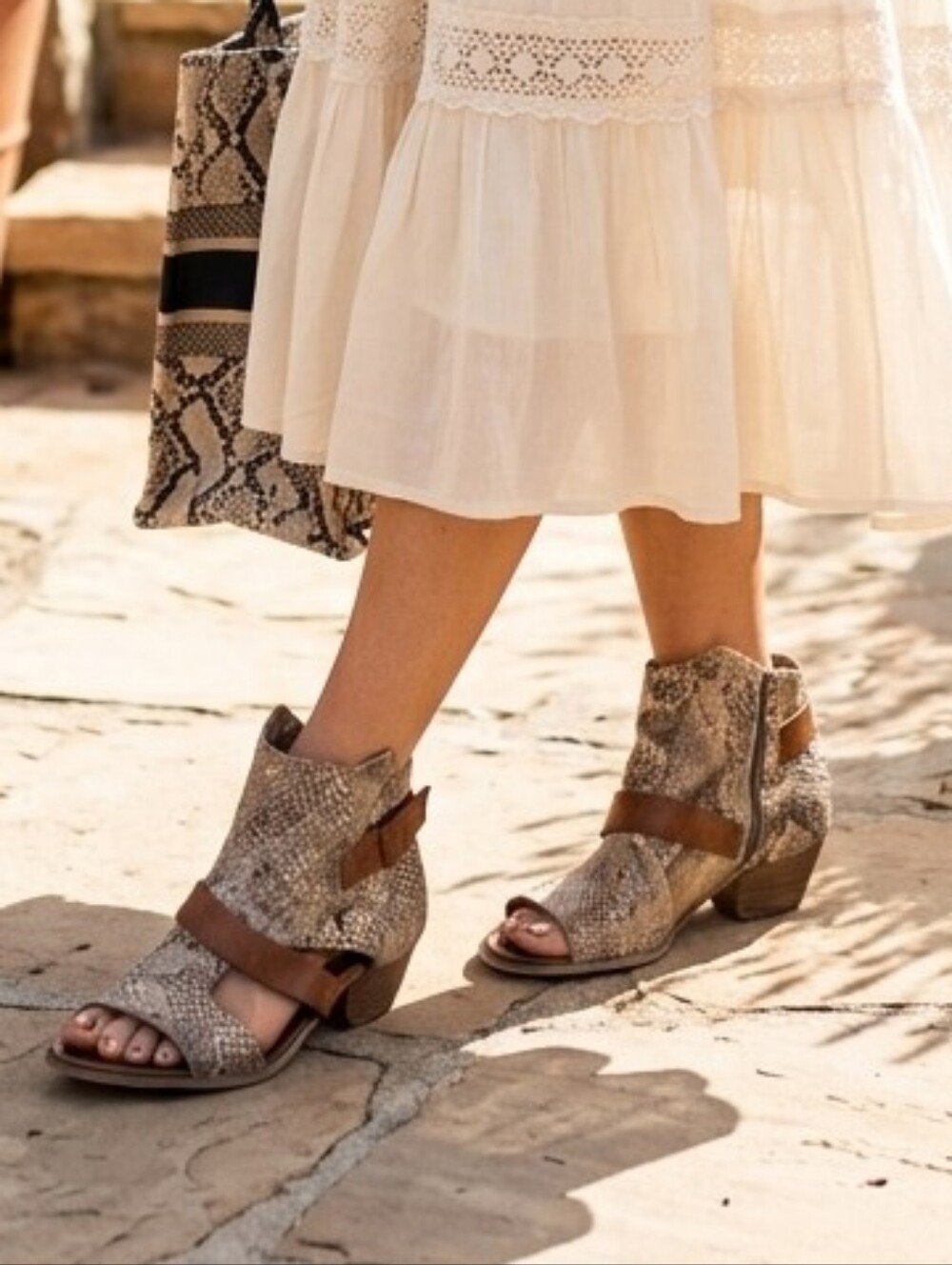 Miz Mooz CORGAN Taupe Brown Snake Print Leather Open-Toe Ankle Boot Sandals 39